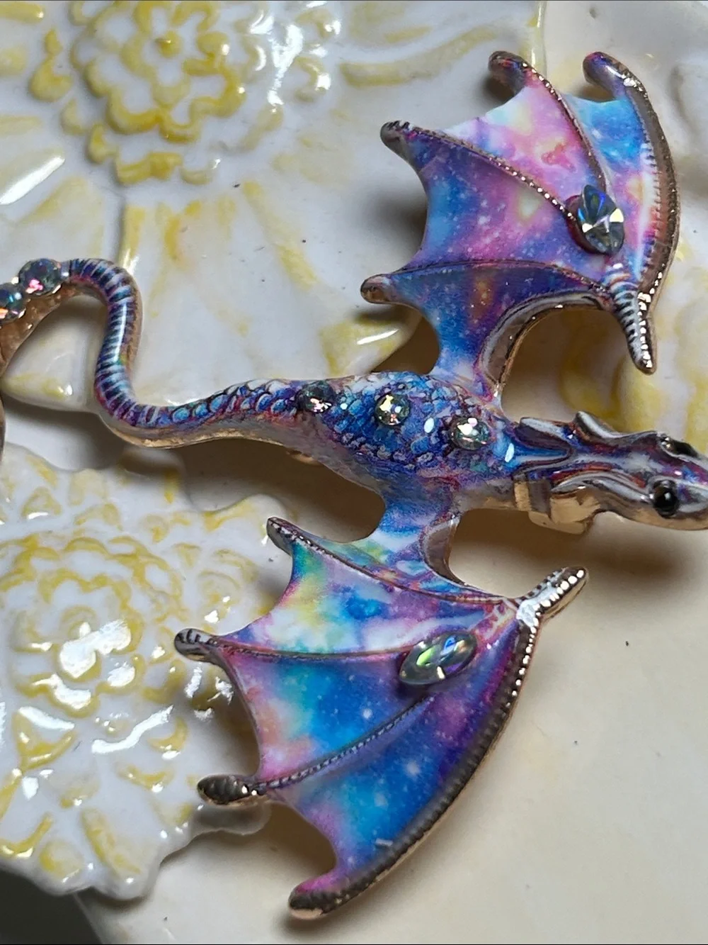 Iridescent Dragon Brooch - Multicolor Enamel & Rhinestones